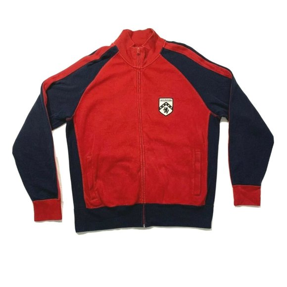 Tommy Hilfiger Crest Spell Out Jacket Full Zip Sweatshirt Cotton Red Blue L Mint - Picture 1 of 12